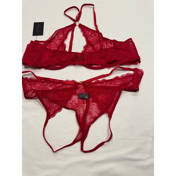 NEW Frederick's of Hollywood Lover Floral Lace Bra Set Size S/M Lipstick Red NWT - Picture 3 of 9